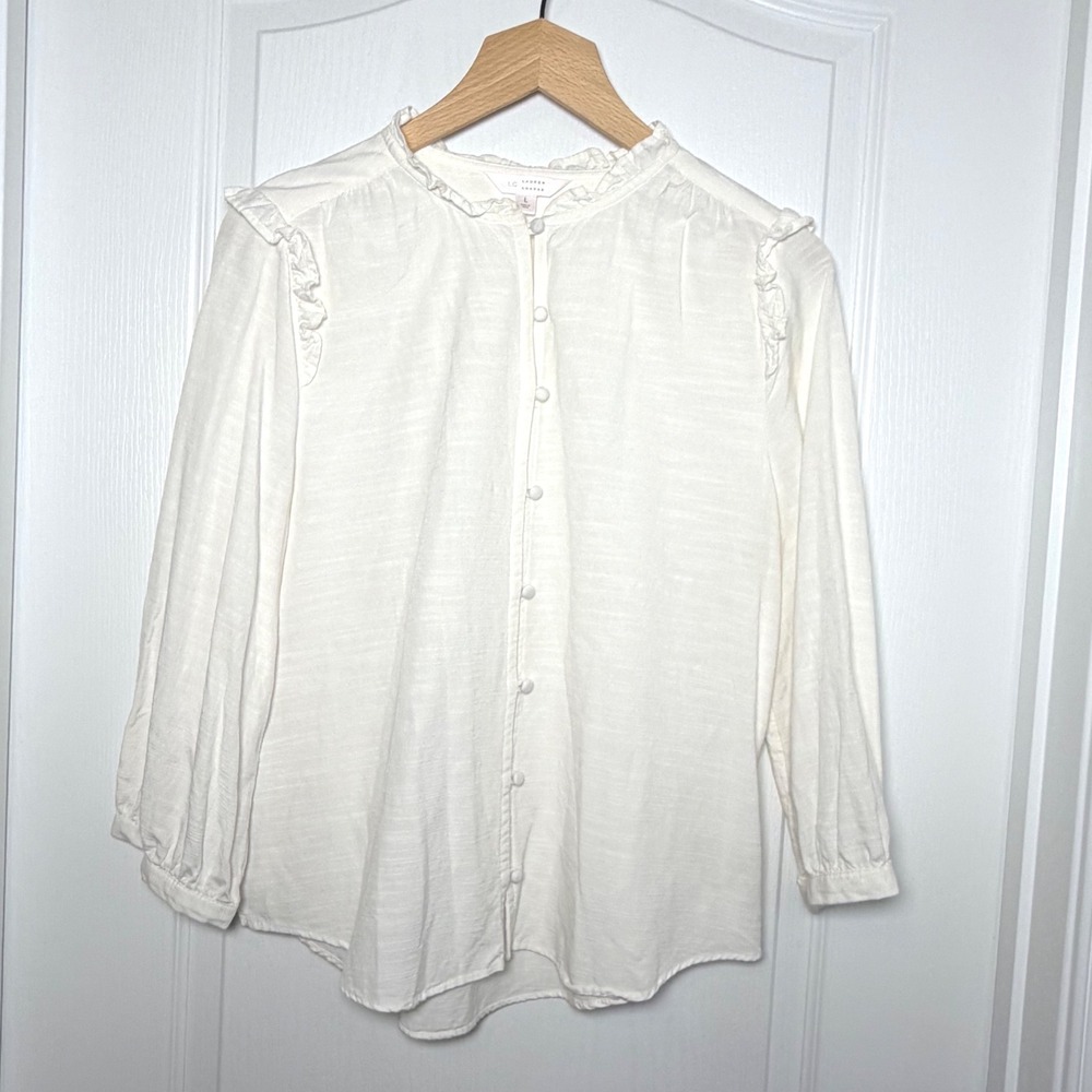 LC Lauren Conrad Ivory Ruffle Button Down Size L Blouse Cottagecore Romantic Top